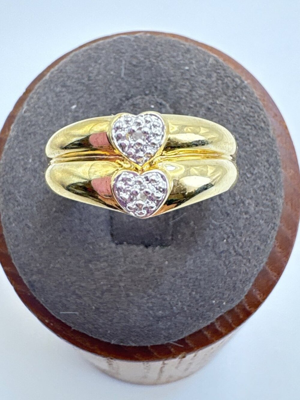 Natural Diamond Beveled Double Heart Ring Gold Over 925 Sterling Silver Size 7
